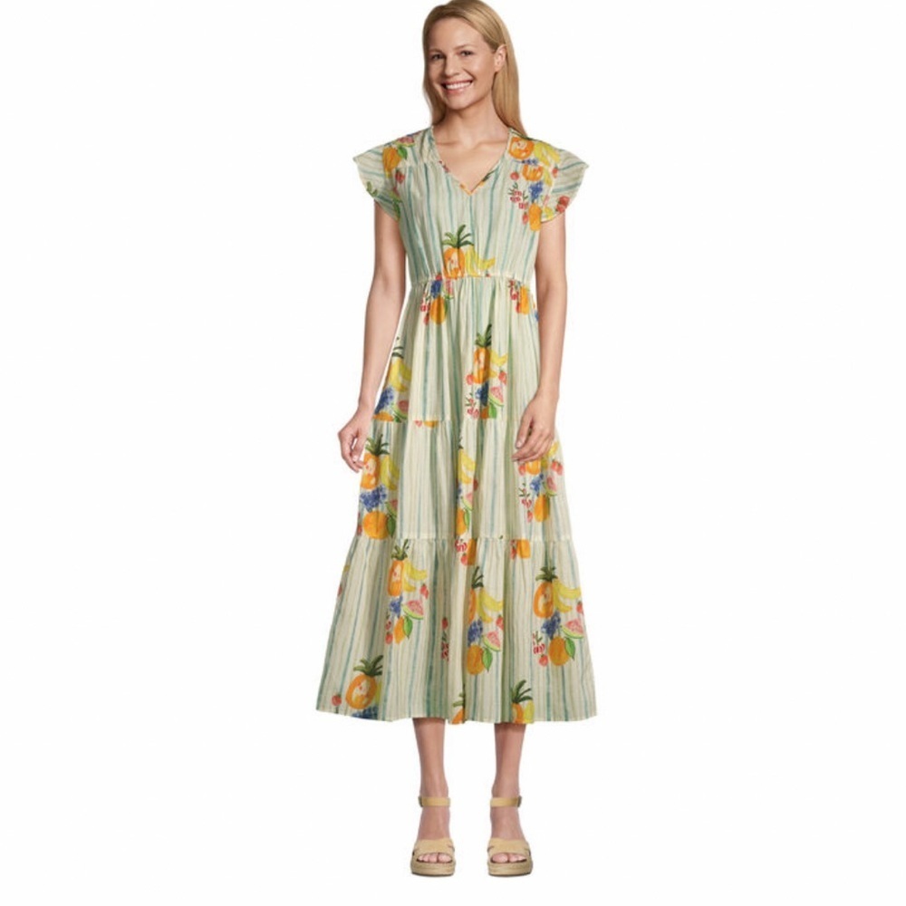 World Market Resort Stripe Fruit Print Midi Dress L/XL  Cotton Casual